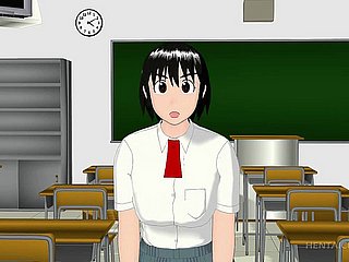 3D-Anime Schulmädchen harten Schwanz auf den Knien bläst
